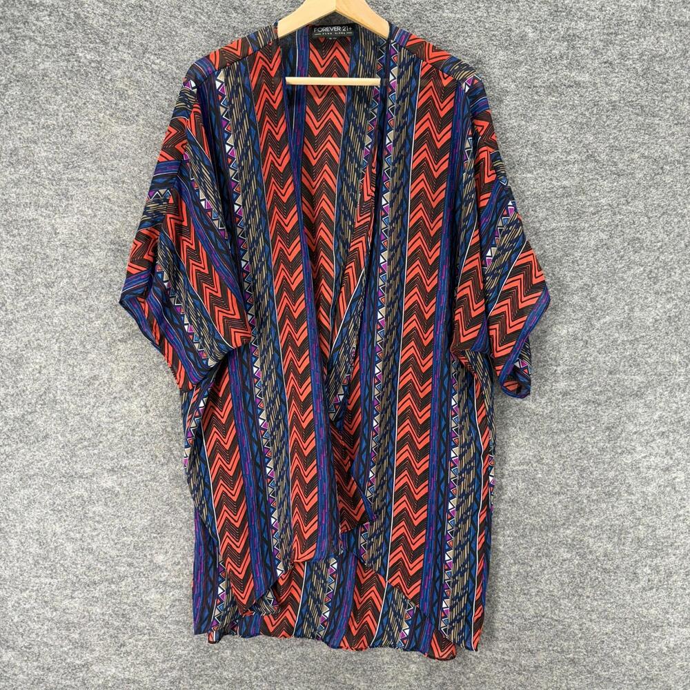 Forever 21 Top Women XL/1X Plus Blue Striped Short Sleeve Open Front Casual